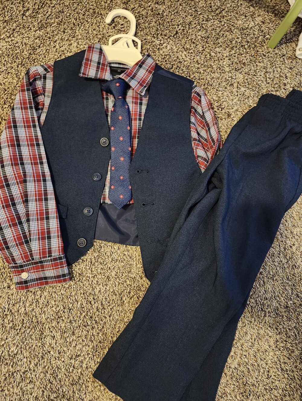 Tommy Hilfiger Navy Vest & Pants with Red Plaid Shirt and Navy Tie